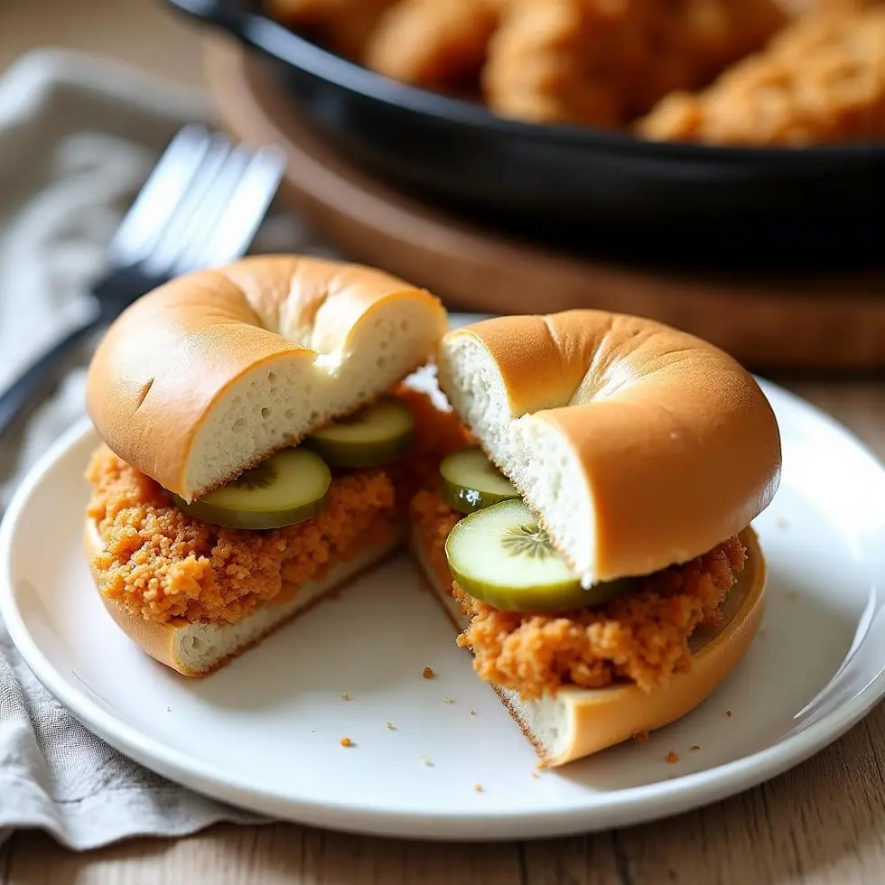 Fried chicken sandwich cut in half showing crispy breaded exterior and cooked interior