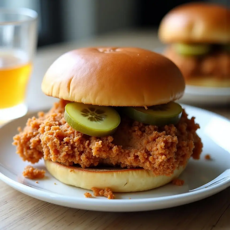 Golden brown fried chicken sandwich on brioche bun with pickle slices on a white plate