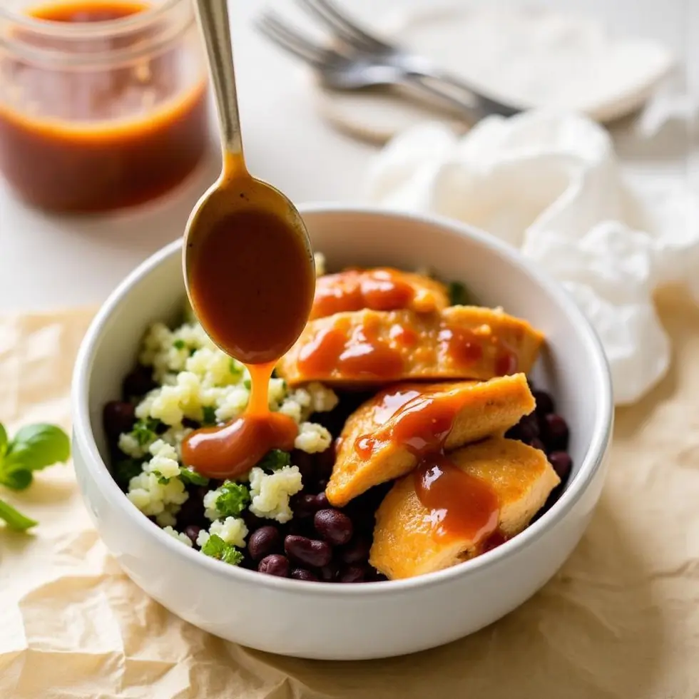 Glossy vinaigrette drizzled over a burrito bowl with rice, black beans and grilled chicken in a white bowl