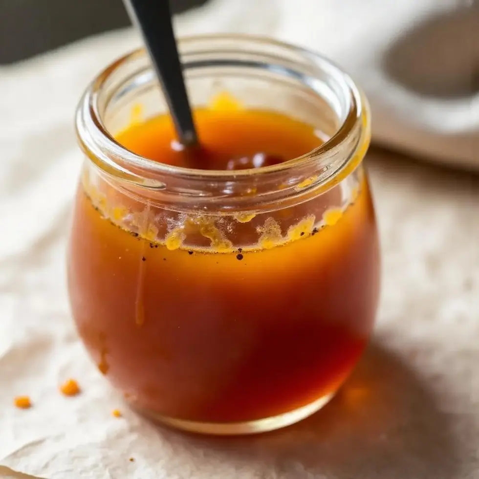 Chipotle honey vinaigrette in a glass jar with a spoon, showing smooth reddish-brown texture with dark pepper flecks