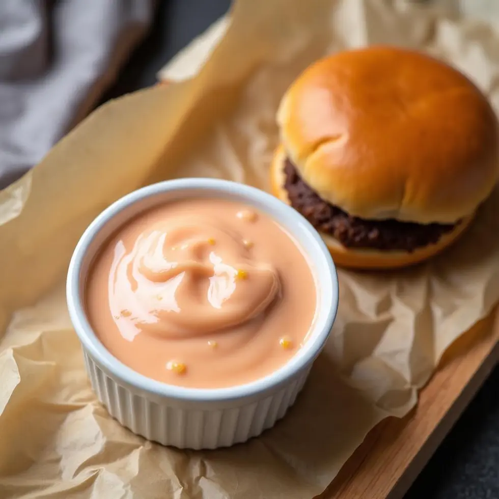 Pale pink Big Mac sauce drizzled over browned burger patties on a wooden board