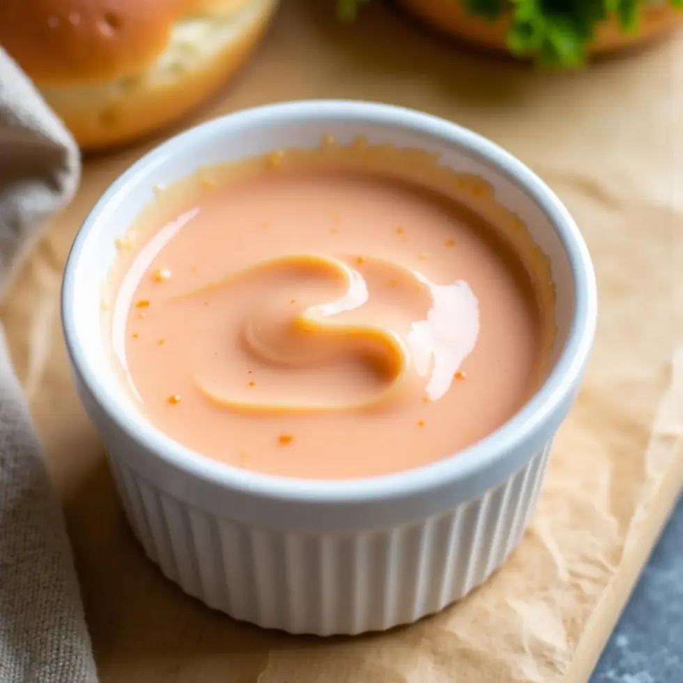 Copycat Big Mac sauce in a white ramekin, pale pink with pickle relish flecks, on a wooden board