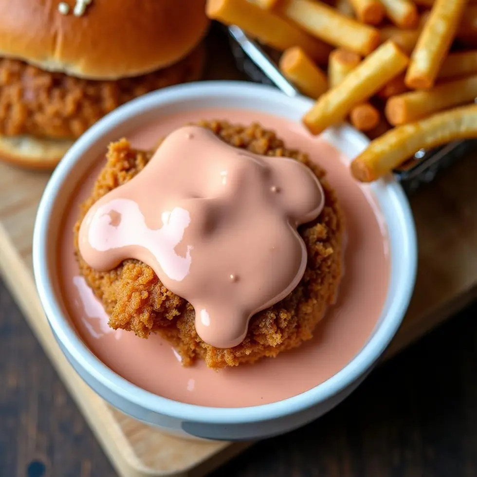 Homemade chicken sandwich with the signature sauce drizzled on top, served with waffle fries