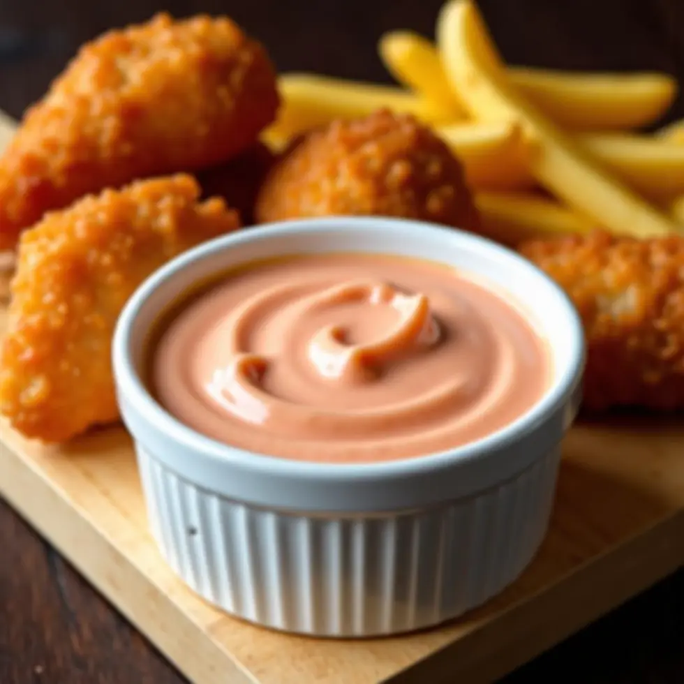 Copycat Chick-fil-A sauce in a white ramekin with chicken nuggets and waffle fries on a wooden board — copycat chick fil a recipes