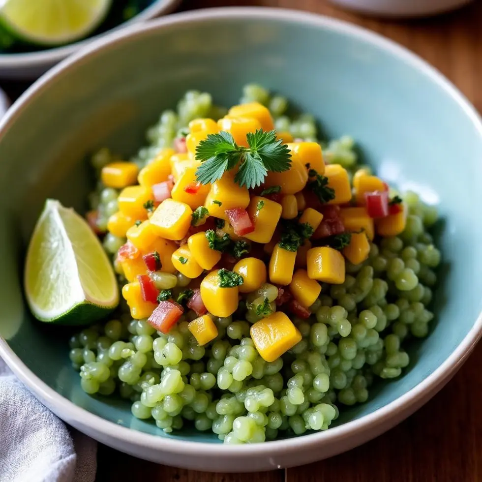 Corn salsa spooned over cilantro lime rice in a burrito bowl with a lime wedge