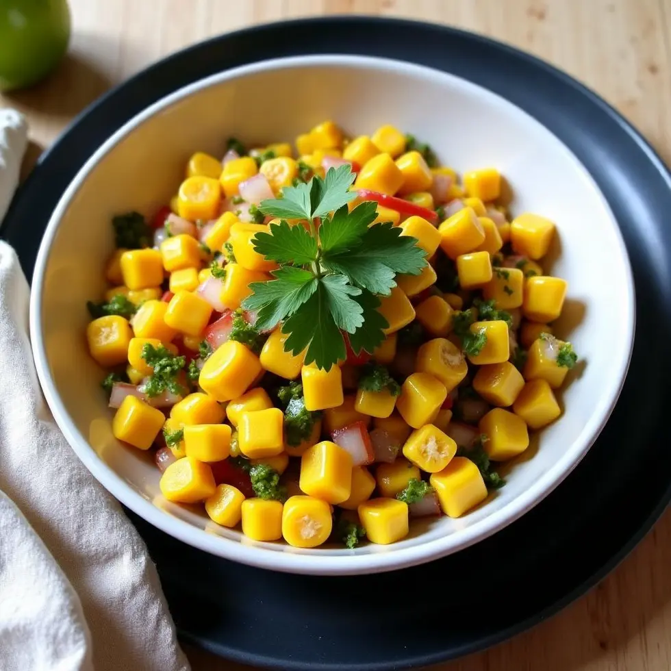 Chipotle corn salsa with roasted corn, diced poblano, jalapeño and cilantro in a white bowl — copycat chipotle corn salsa