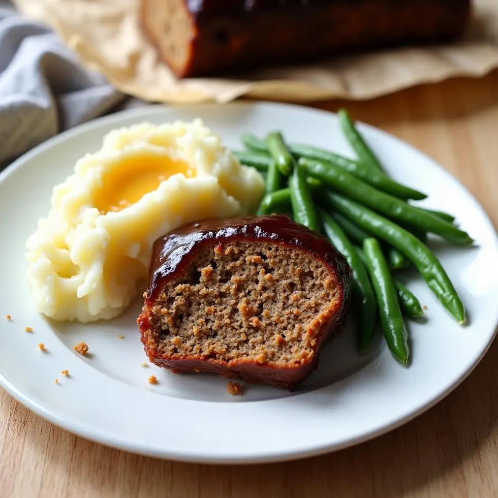 Meatloaf slice served with mashed potatoes and green beans on white plate