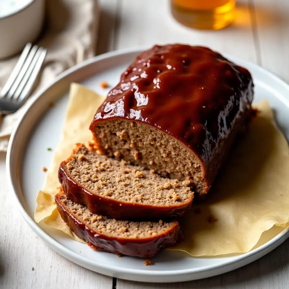 Sliced Cracker Barrel meatloaf with glossy brown sugar glaze on white plate showing moist interior