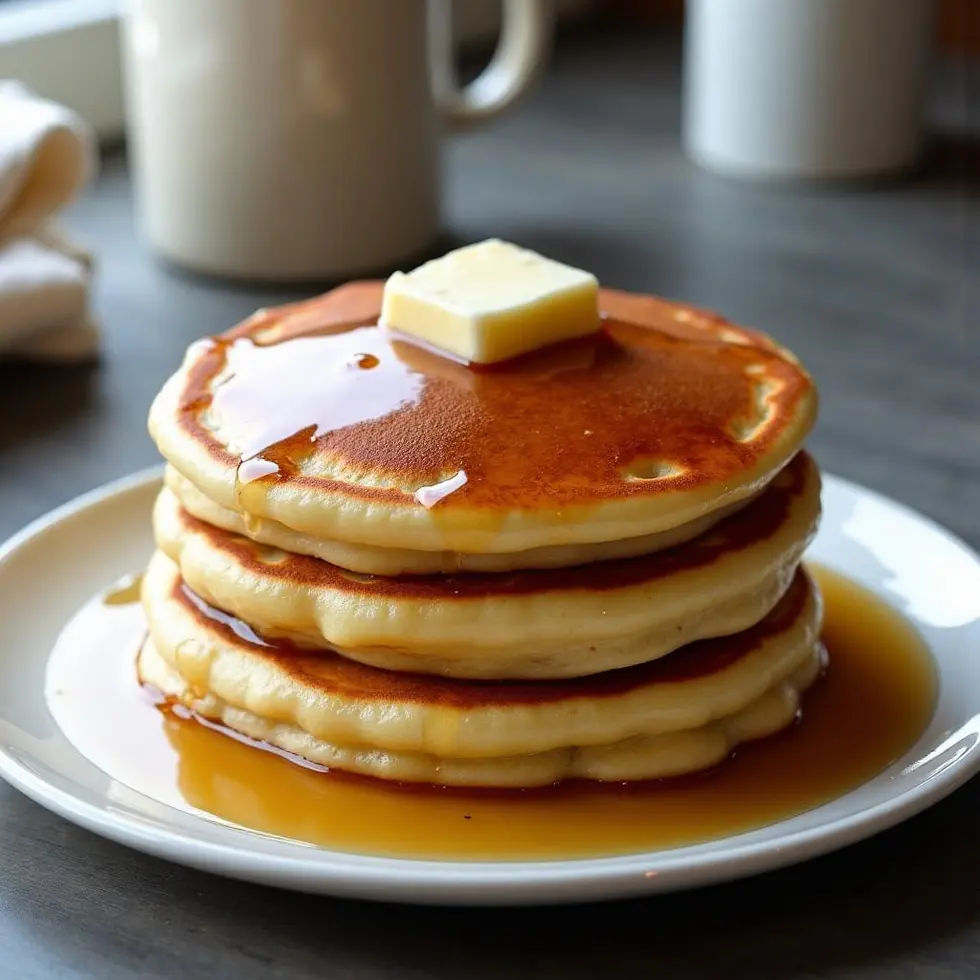 Stack of three thick fluffy golden brown pancakes with melting butter and maple syrup on white plate — copycat ihop pancake recipe