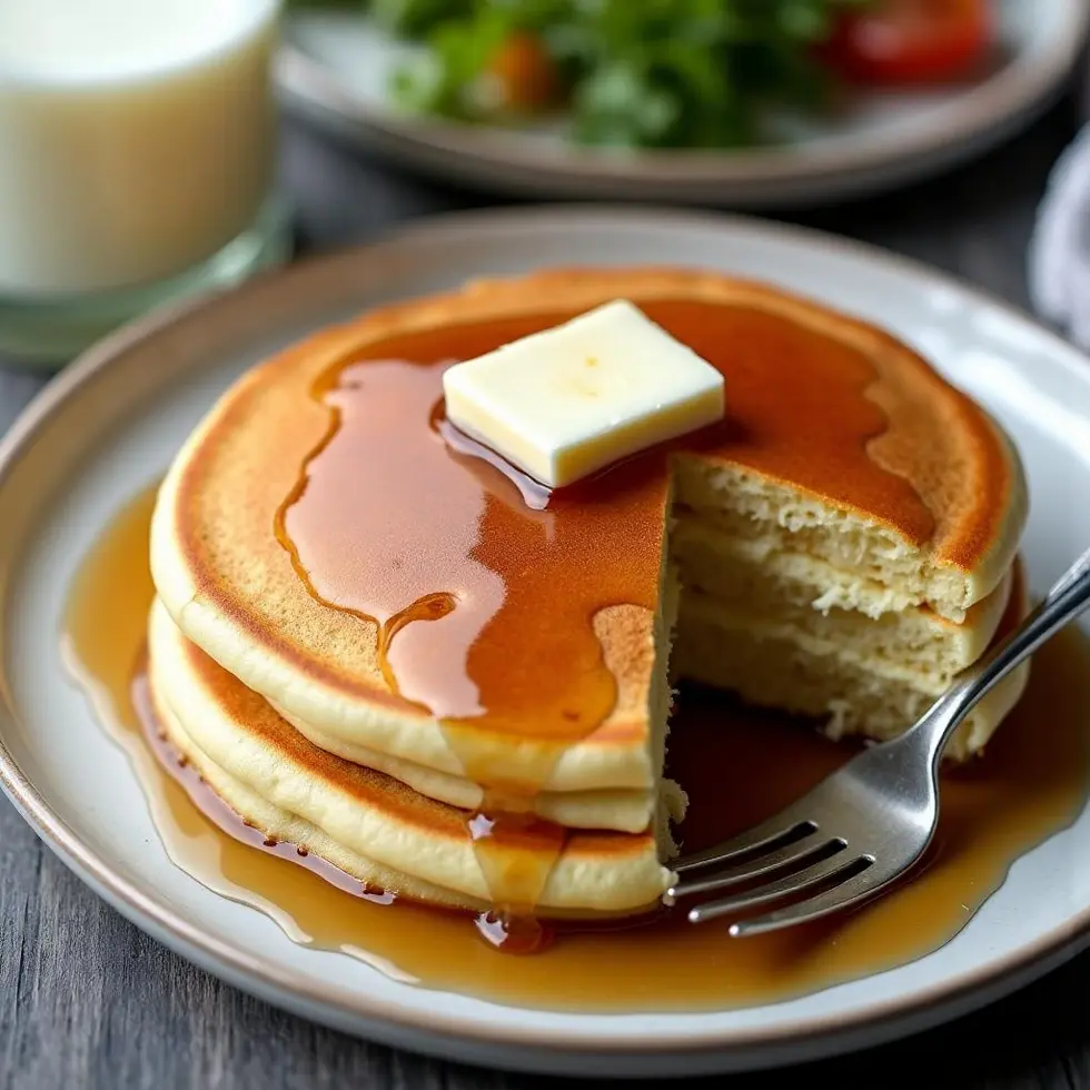 Fork cutting through fluffy pancake showing airy interior texture with butter and syrup