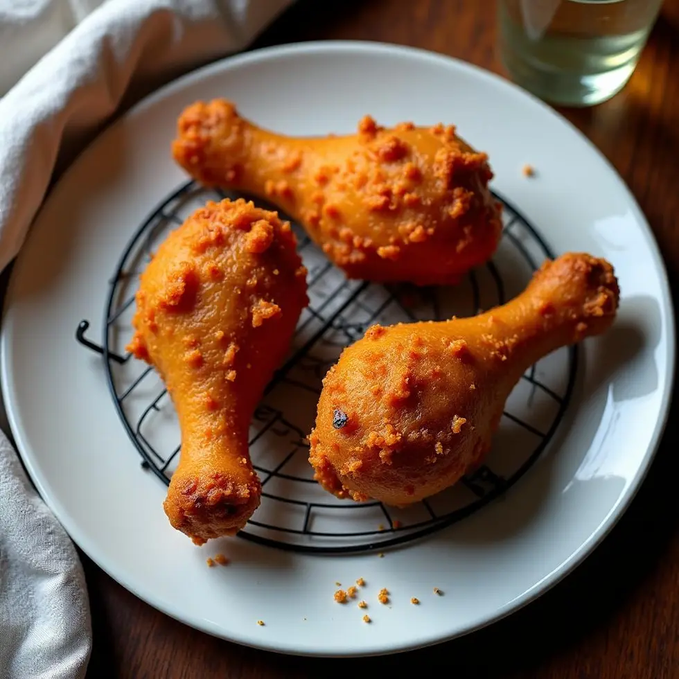 Close-up of crispy fried chicken drumsticks showing texture detail