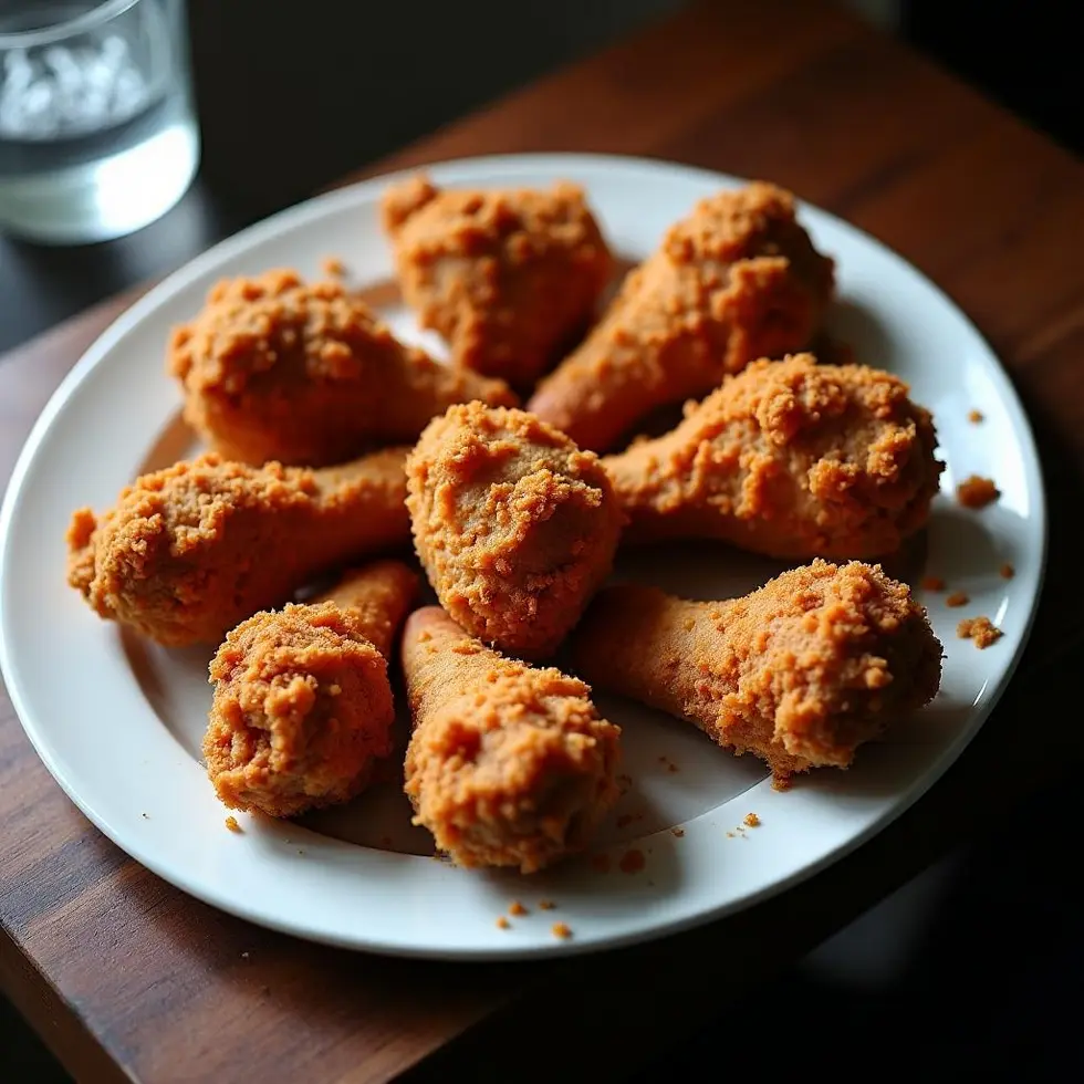 Golden brown fried chicken pieces with crispy coating on a white plate
