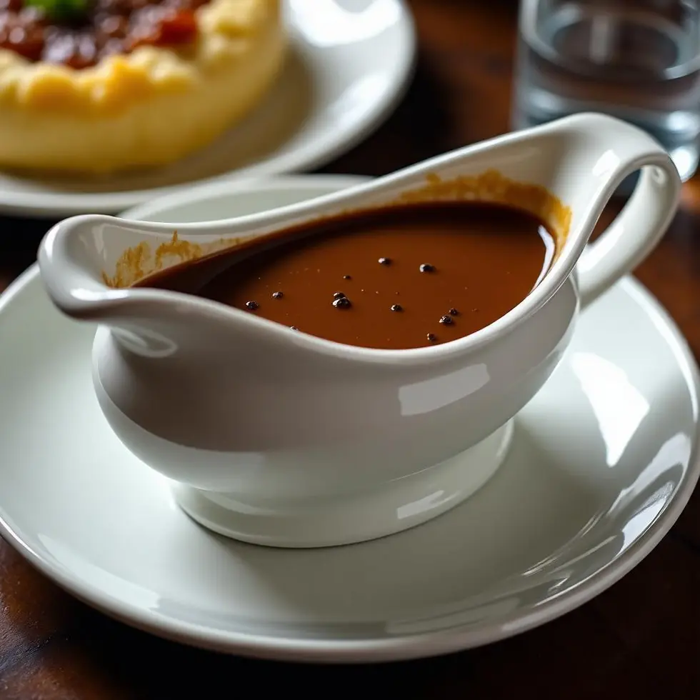 Deep brown KFC copycat gravy in a white gravy boat with black pepper flecks, wooden table — copycat kfc gravy