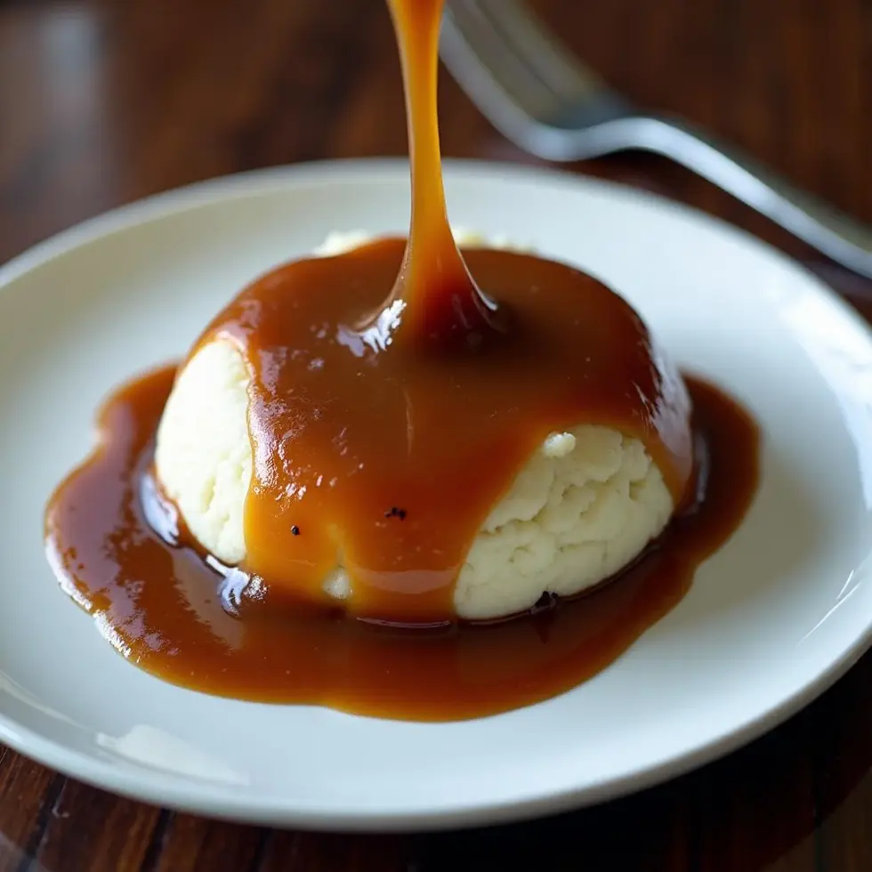 Rich brown gravy poured over mashed potatoes on a white plate