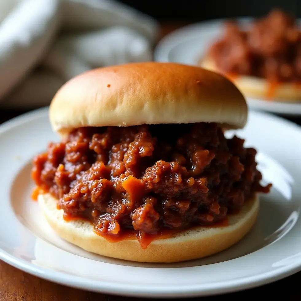 Sloppy joe mixture with ground beef and onion in thick tomato sauce on a toasted bun — copycat manwich recipe