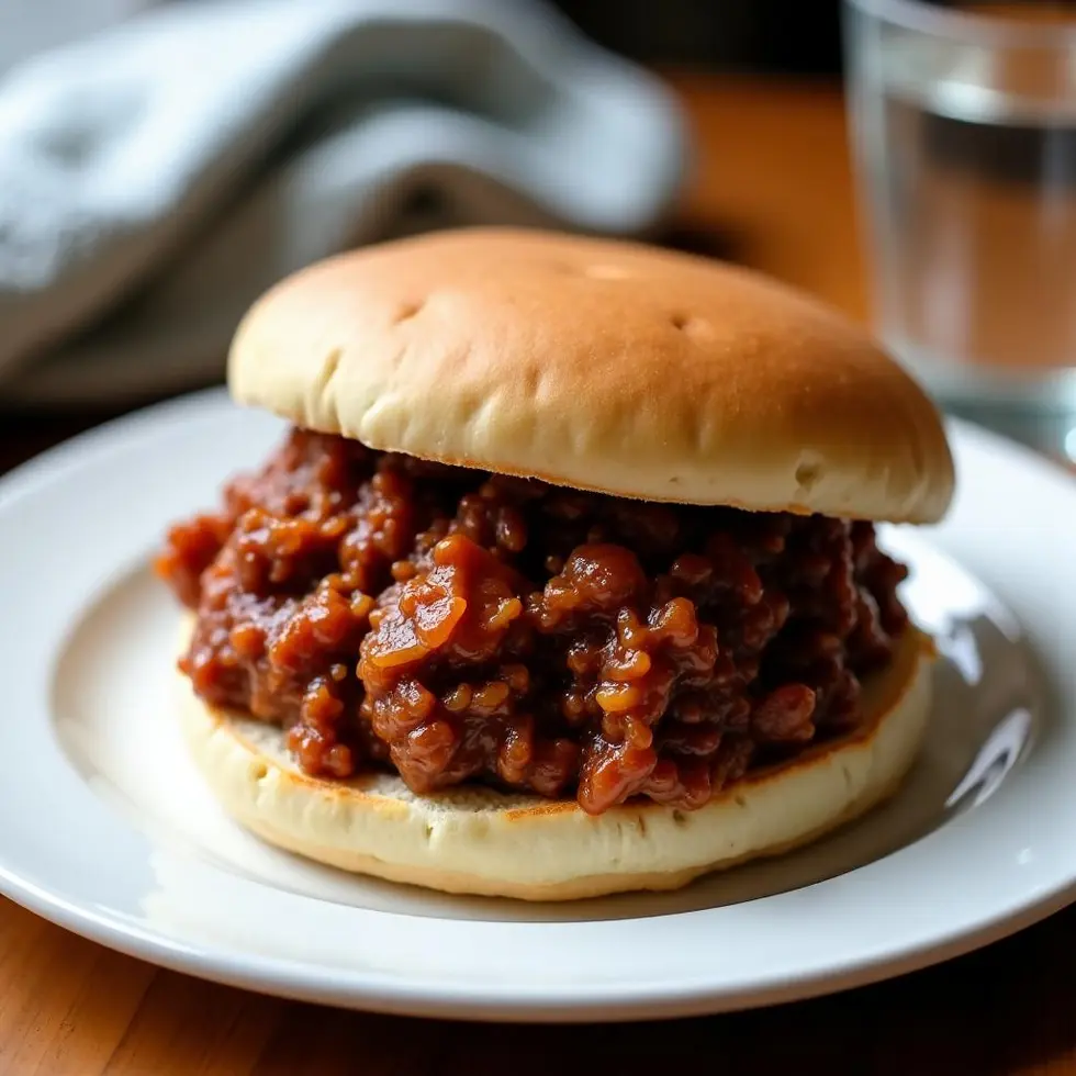 Open-faced sloppy joe on a white plate with the top bun resting alongside