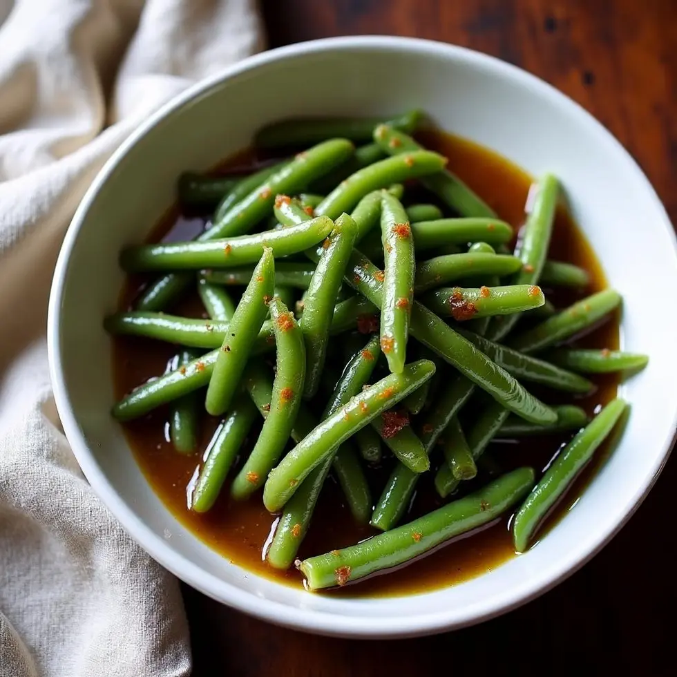 Tender green beans glistening with seasoned broth in a white bowl on a wooden table