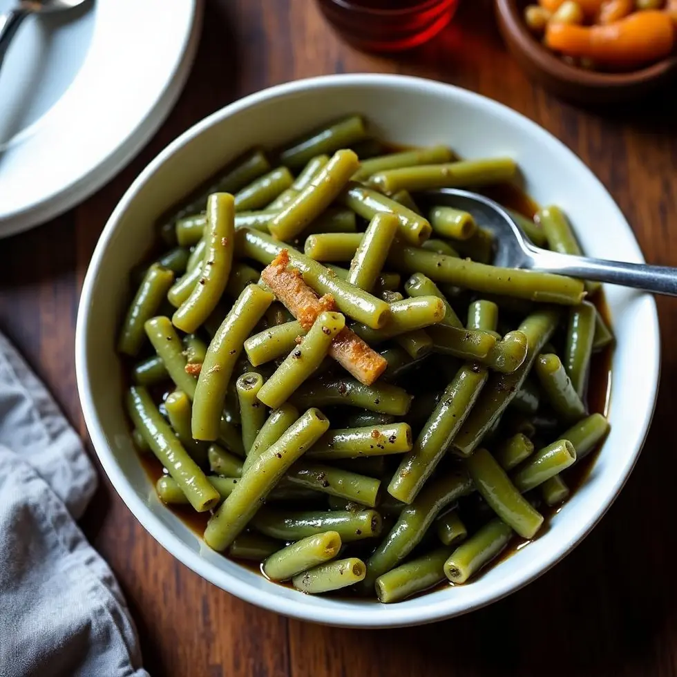 Family-style serving bowl filled with glossy slow-simmered beans and a serving spoon