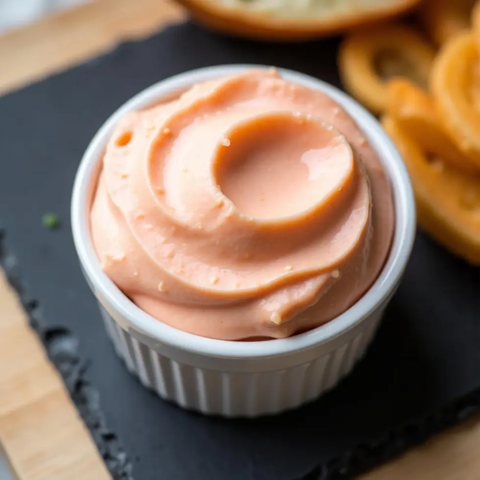 Pale pink In-N-Out copycat sauce in white ramekin with visible relish flecks and swirl marks