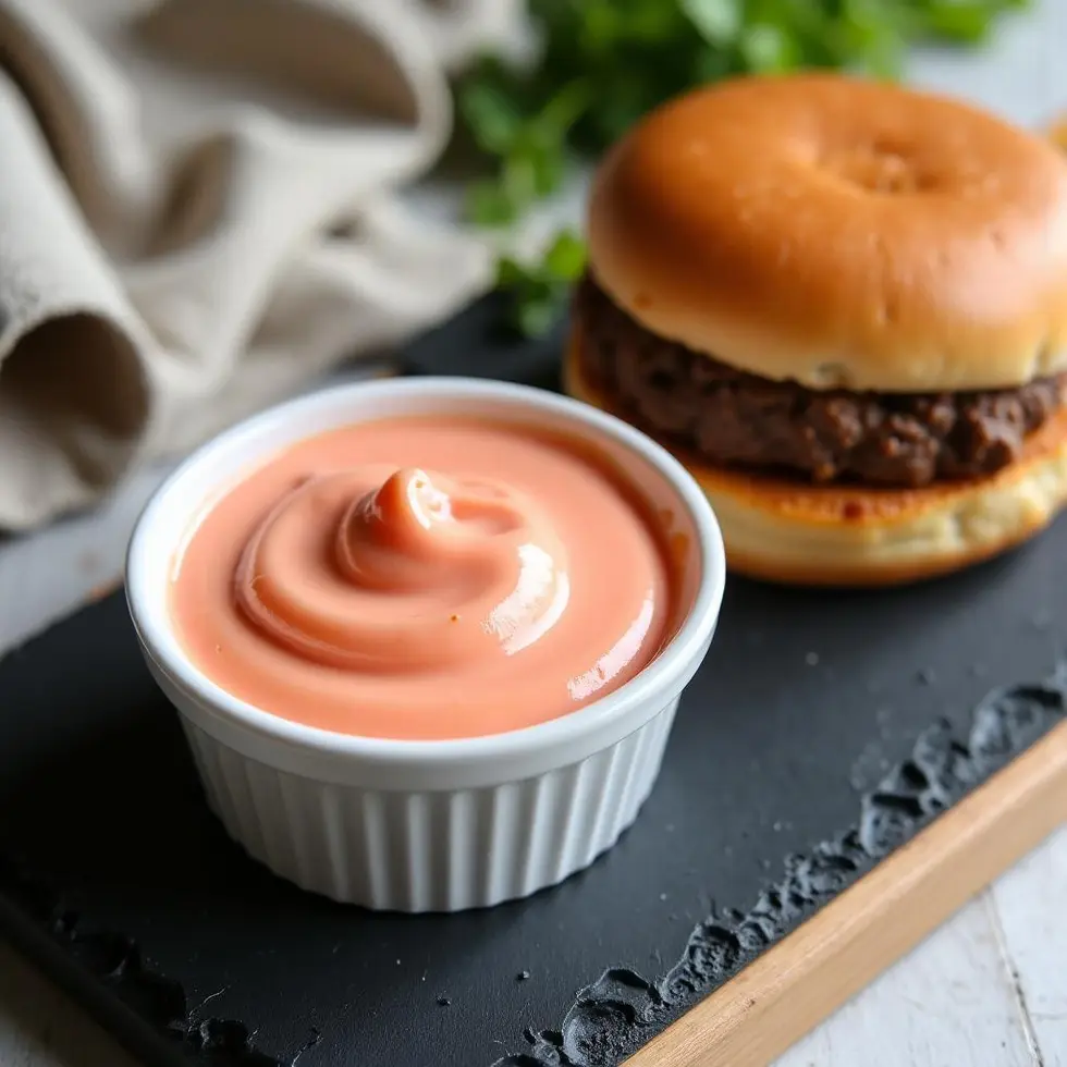 Pink burger spread in ramekin beside a beef patty on toasted bun