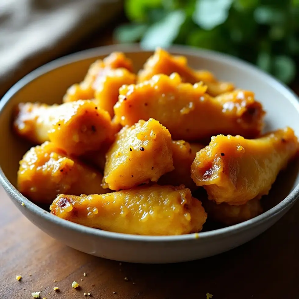 Golden brown lemon pepper wings in a shallow bowl, glossy with butter and bright seasoning