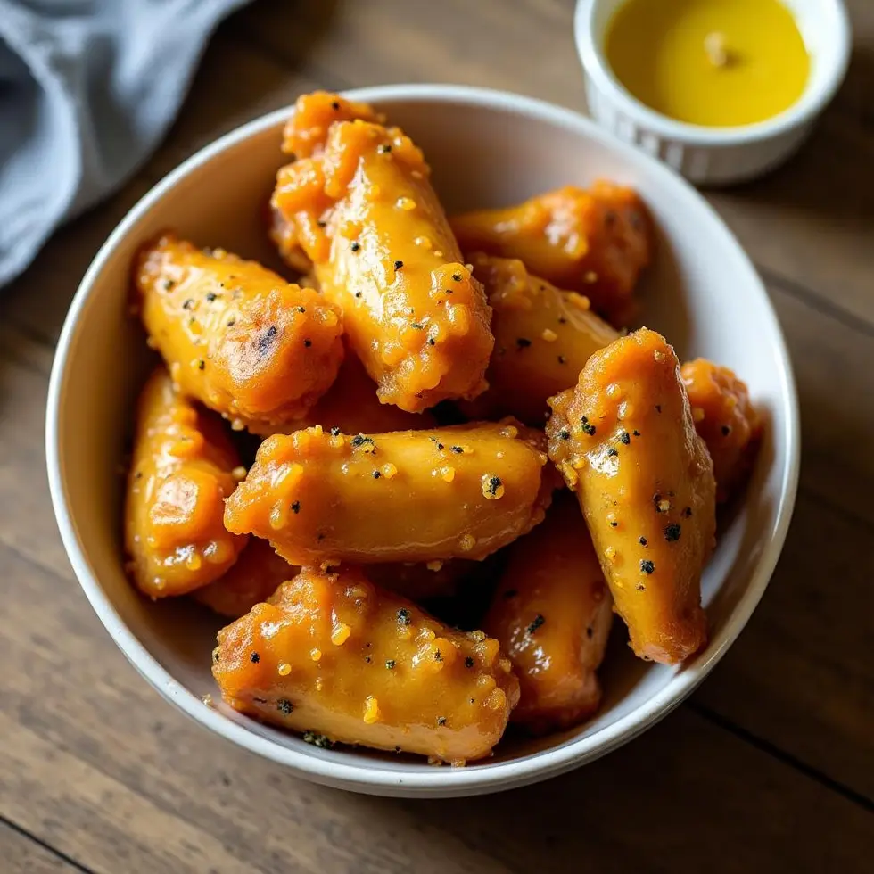 Close overhead view of the wings with pooled butter coating and pepper flecks visible
