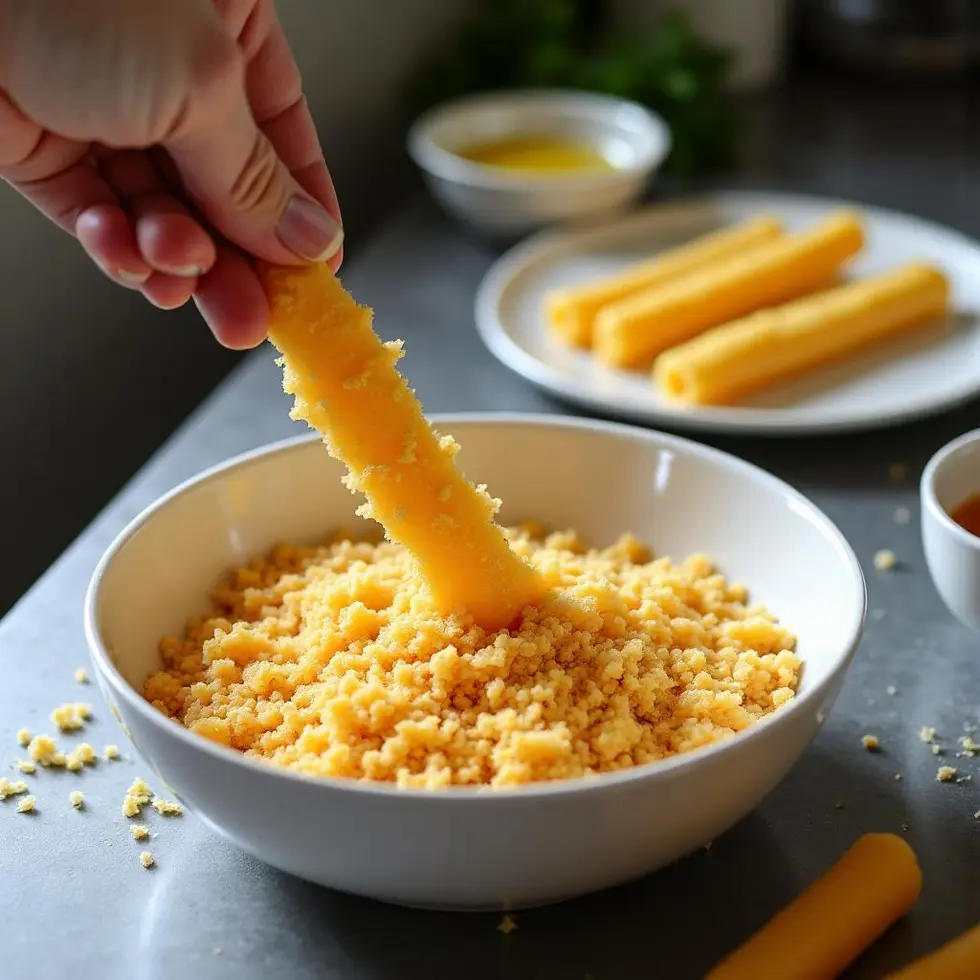 Mozzarella sticks being coated in seasoned panko breadcrumbs in a shallow bowl on a kitchen counter