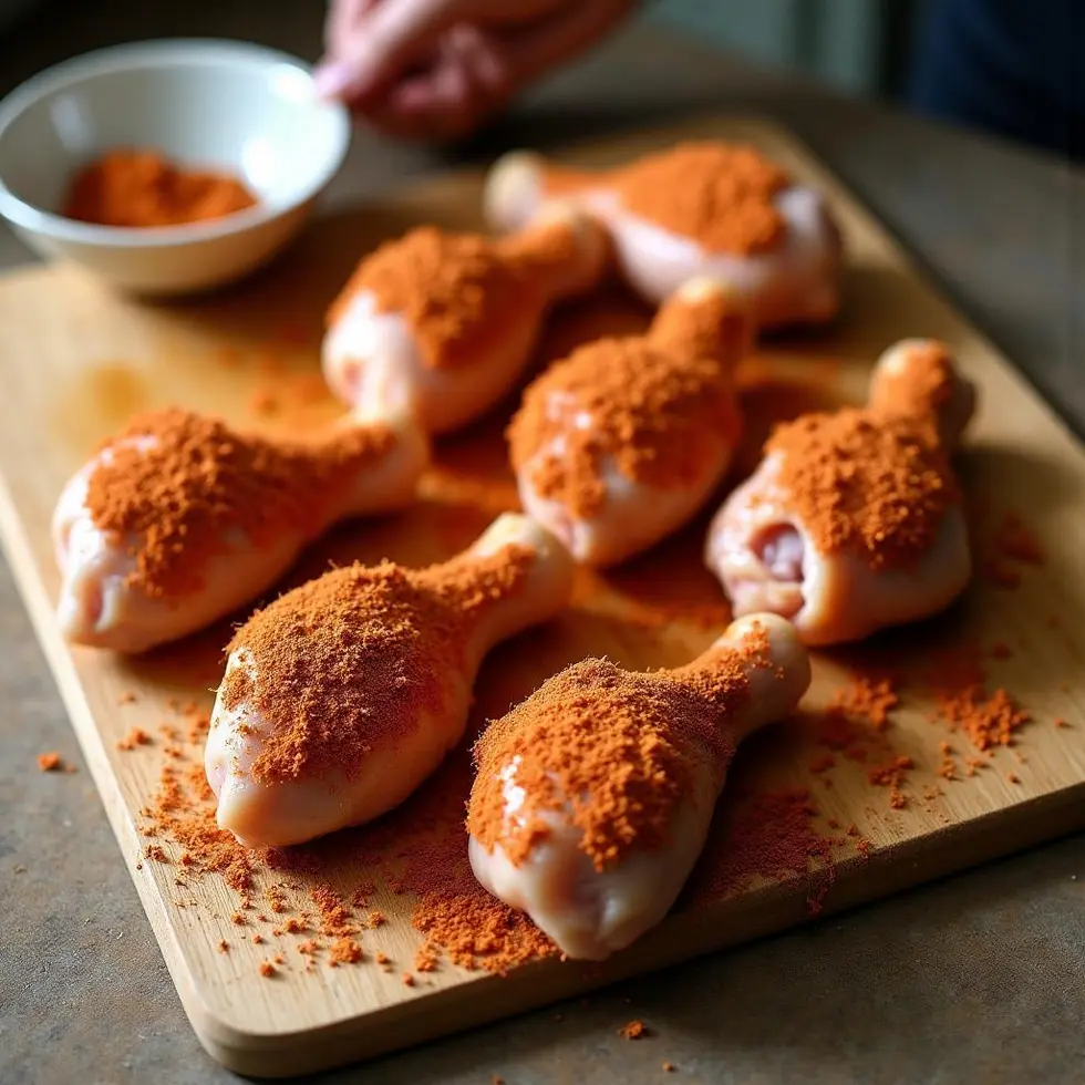Raw drumsticks being coated with reddish-brown spice rub on a kitchen counter