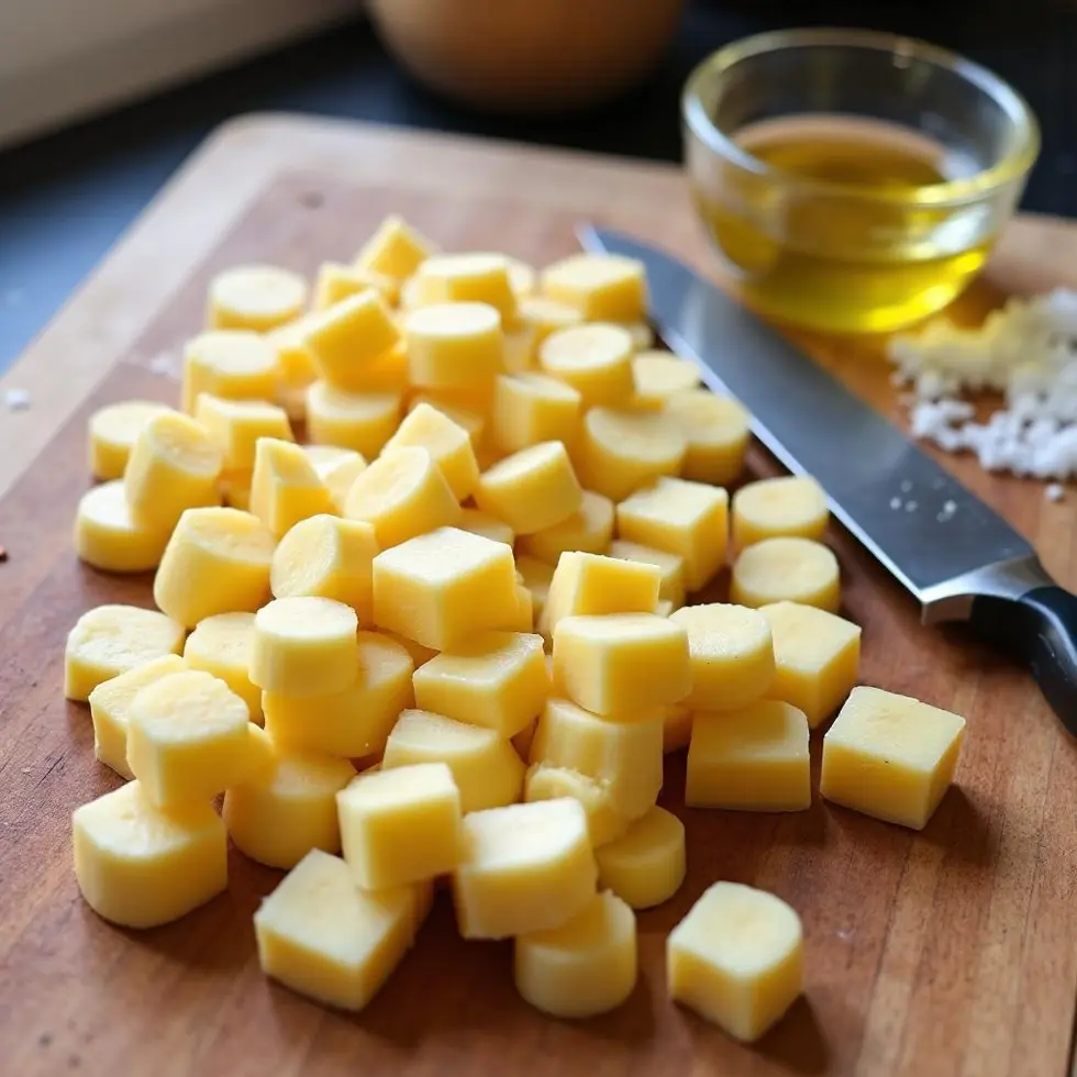 Raw potato sticks cut into quarter-inch pieces on a wooden cutting board being dried after soaking