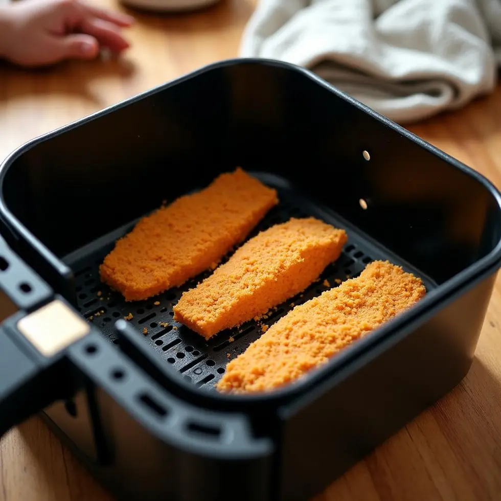 Frozen breaded fish fillets in an air fryer basket being sprayed with cooking oil
