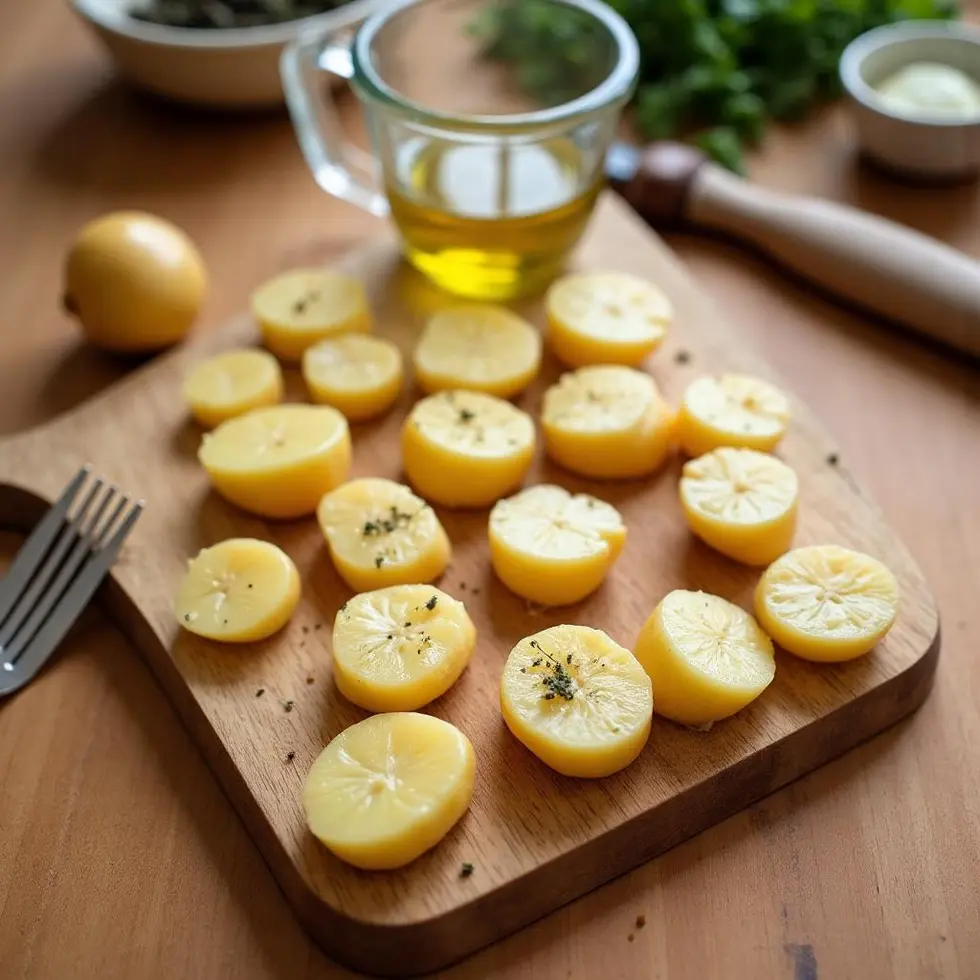 Boiled baby potatoes being pressed flat on a wooden cutting board with a glass