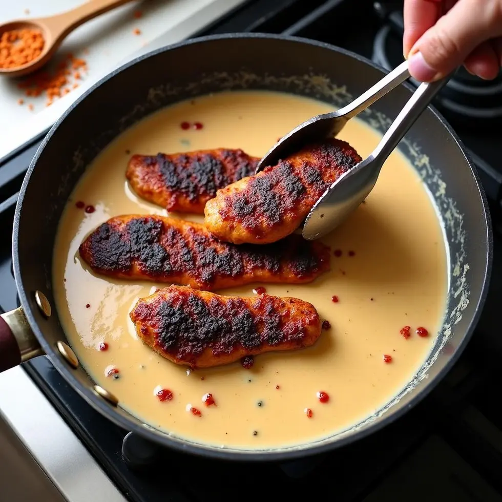 Hand adding blackened chicken strips to bubbling cream sauce in a skillet on the stovetop