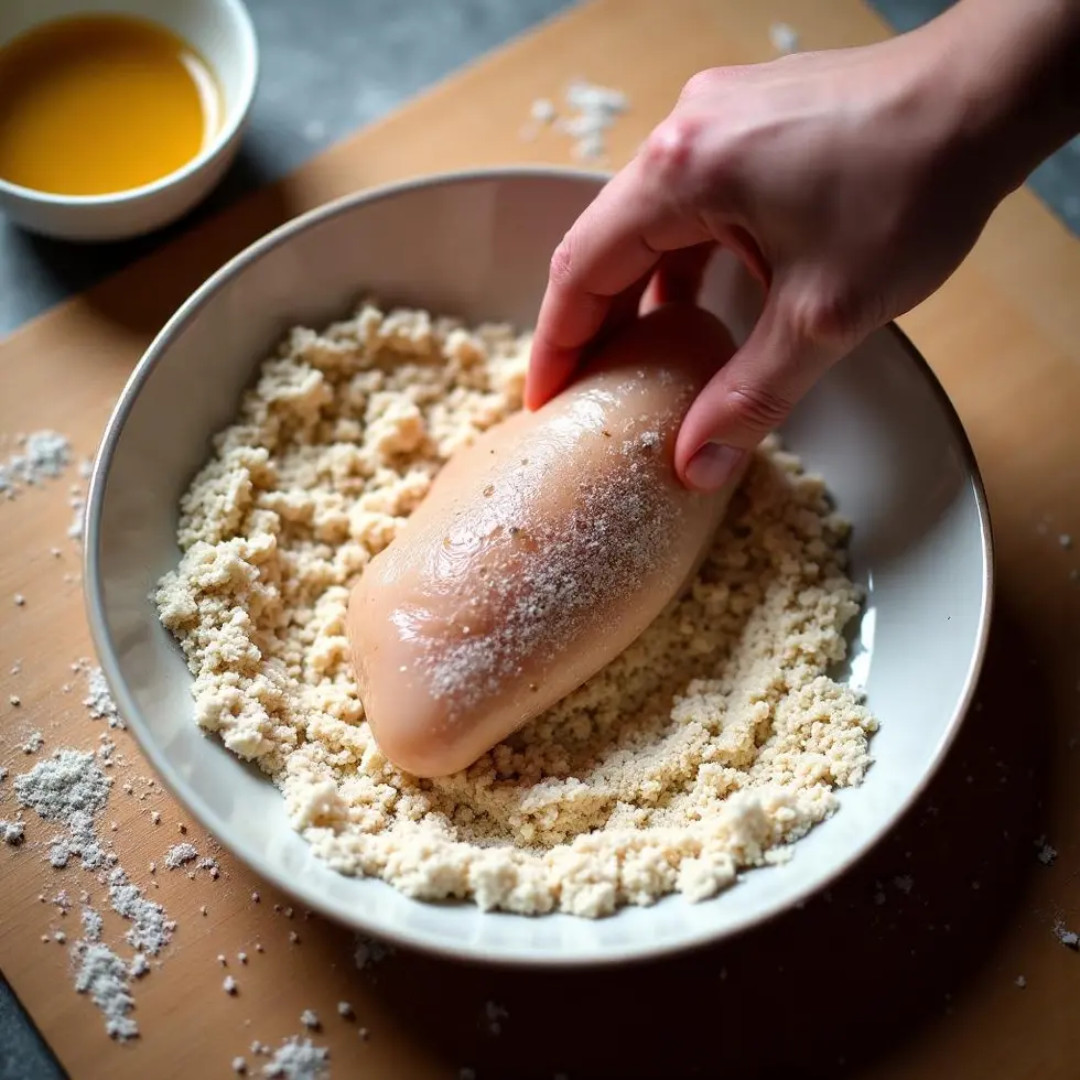 Chicken breast being coated in seasoned flour mixture with powdered sugar in a shallow dish
