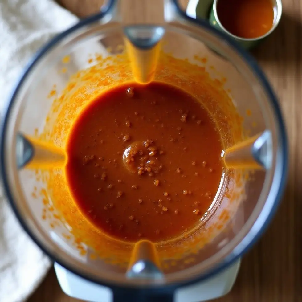 Blender pitcher with olive oil, vinegar, honey and chipotle peppers swirling together during preparation
