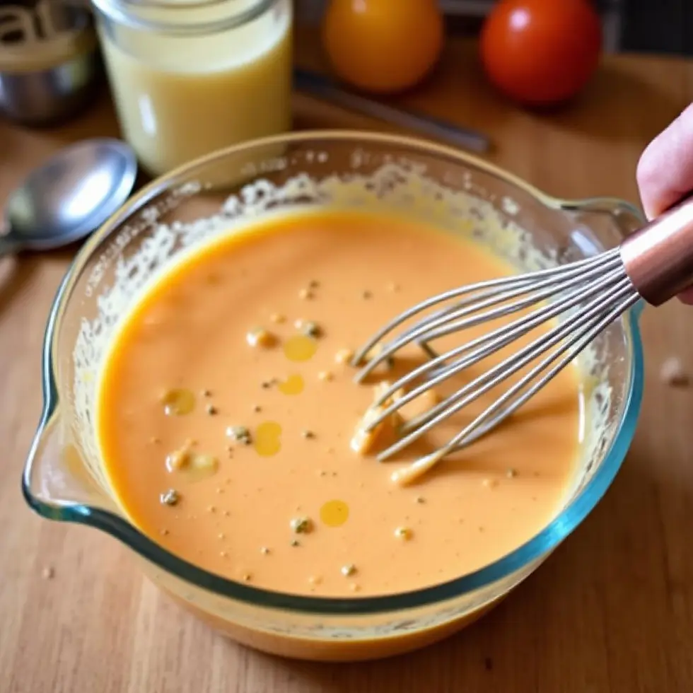 Whisking Big Mac sauce ingredients in a glass bowl, showing yellow mustard streaks and relish
