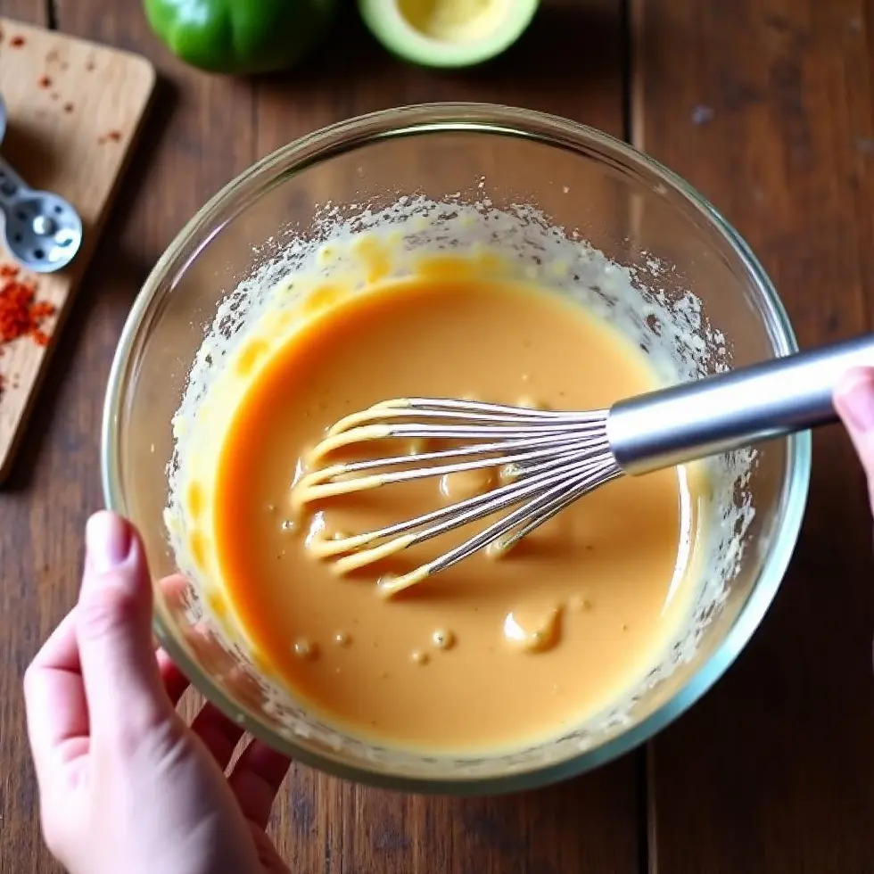 Whisking together mayonnaise, honey, mustard and barbecue sauce in a glass bowl with measuring spoons nearby