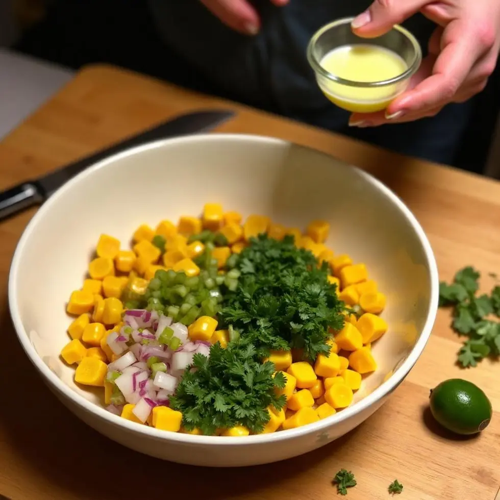 Lime juice being drizzled over corn, poblano, jalapeño and onion in a mixing bowl