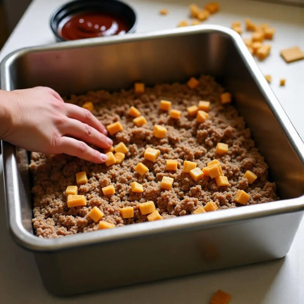 Raw meatloaf mixture with crushed crackers being shaped in loaf pan before baking