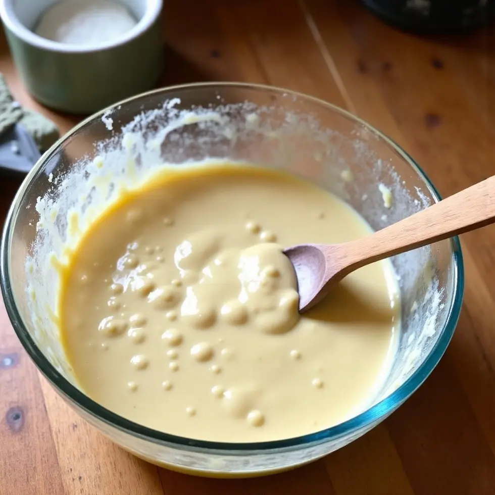 Lumpy pancake batter resting in glass mixing bowl with wooden spoon on kitchen counter