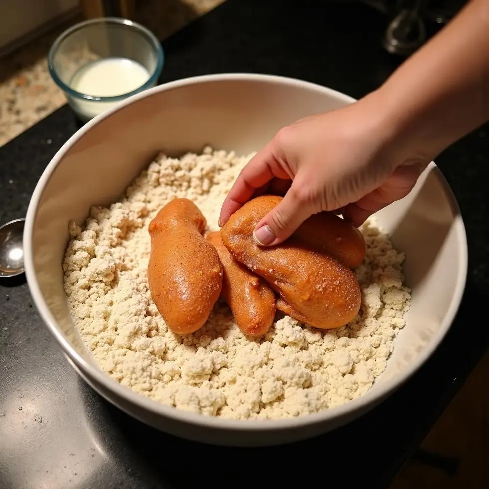 Raw chicken being dredged in seasoned flour mixture in a mixing bowl