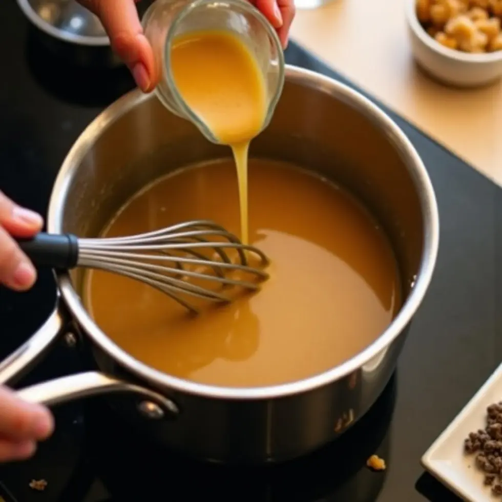 Whisking dark roux in a saucepan while pouring chicken broth to make KFC gravy