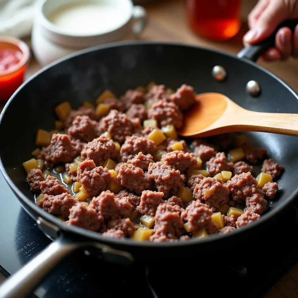 Ground beef and diced onion browning in a skillet before adding sauce ingredients
