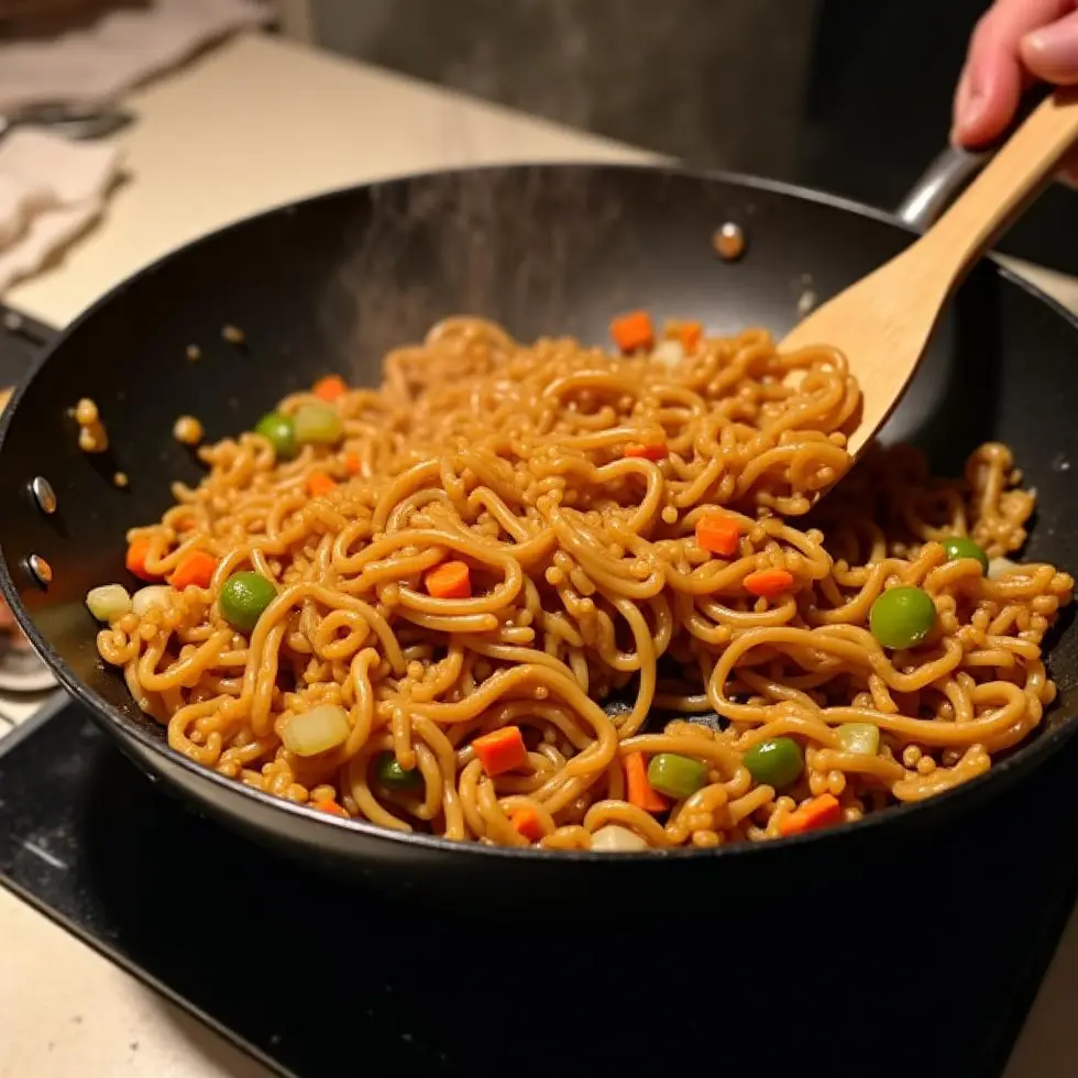 Noodles and vegetables being tossed together in a hot wok with dark sauce