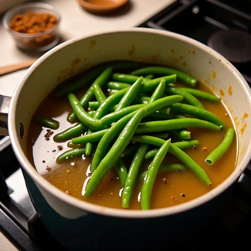 Fresh green beans being added to boiling chicken broth in a pot on the stovetop