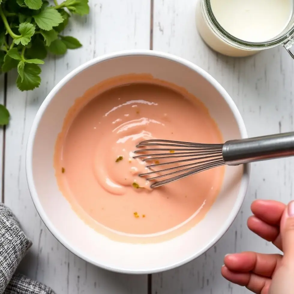 Whisking together mayonnaise, ketchup and relish in a bowl with metal whisk