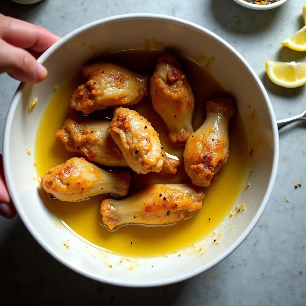 Cooked wings being tossed in a mixing bowl with melted lemon pepper butter