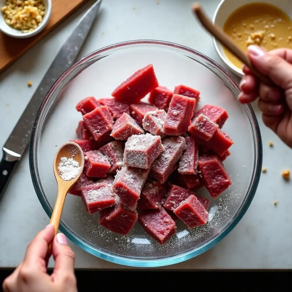 Thin beef slices being tossed with cornstarch in glass bowl on kitchen counter