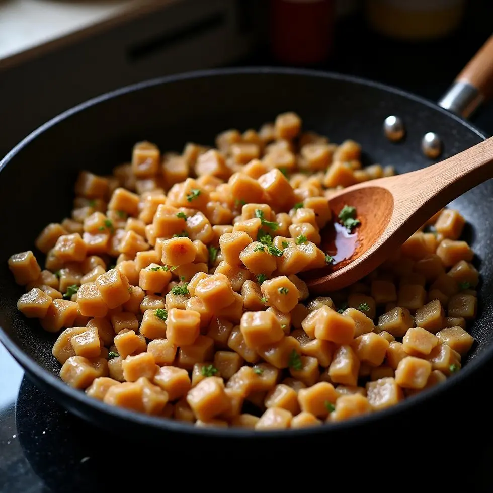 Ground chicken browning in a skillet with water chestnuts and garlic