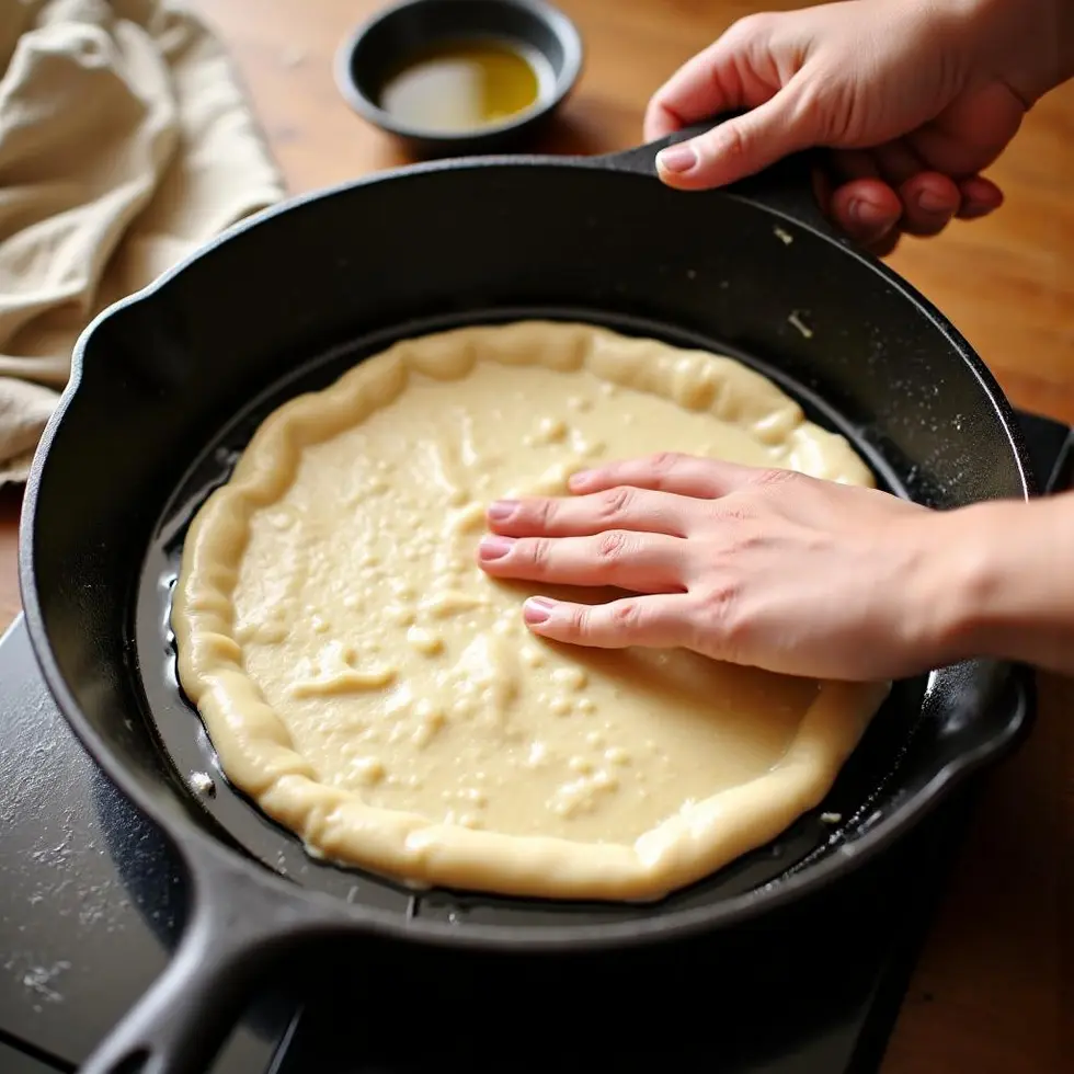 Sticky dough being pressed into an oiled cast iron pan