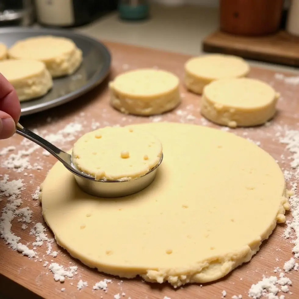Biscuit dough being cut with a round cutter on a floured board, butter pieces visible